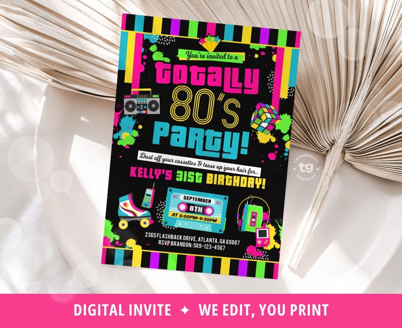 A digital 80s birthday invitation with a black background and neon accents and text that says "You're Invited to a totally 80's Party" with 80s graphics.
