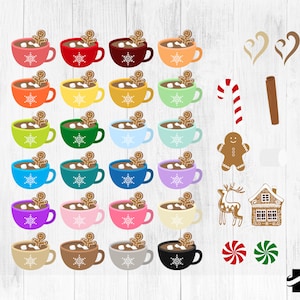 May include: A set of 25 digital clipart images featuring mugs of hot chocolate with marshmallows and gingerbread people. The mugs are in various colors, including red, orange, yellow, green, blue, purple, brown, and black. The clipart also includes a candy cane, cinnamon stick, gingerbread man, reindeer, gingerbread house, and peppermint candies.