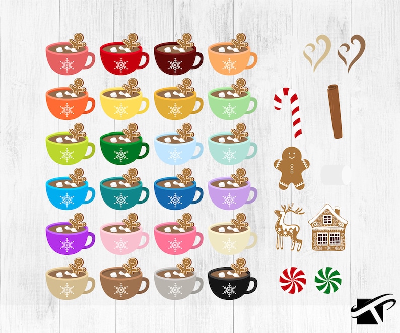 May include: A set of 25 digital clipart images featuring mugs of hot chocolate with marshmallows and gingerbread people. The mugs are in various colors, including red, orange, yellow, green, blue, purple, brown, and black. The clipart also includes a candy cane, cinnamon stick, gingerbread man, reindeer, gingerbread house, and peppermint candies.