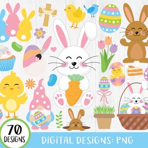 Clipart de Páscoa, Pacote de Clipart de Páscoa, Clipart de Coelho, Pintinhos de Páscoa, Primavera, Ovos de Páscoa, Jujubas, Doces, Flores, PNG