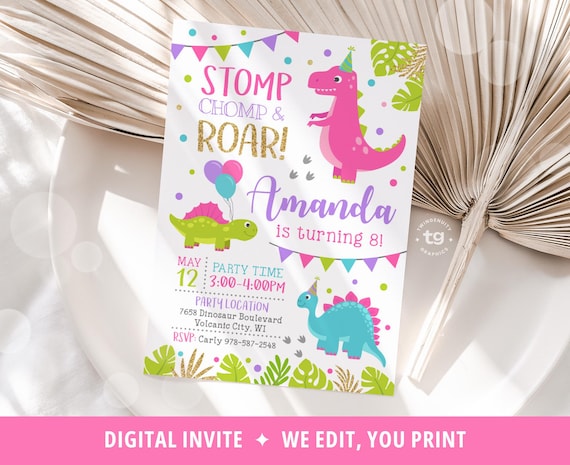 Girl Dinosaur Birthday Invitation, Pink Dinosaur Invitation, Dinosaur Party, Girl Dino Invitation, Birthday for Girls, T-Rex Invite DIGITAL