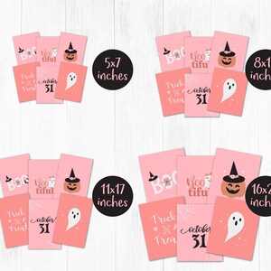 Peut inclure: Ensemble de cartes d'Halloween imprimables en rose avec diff&eacute;rents motifs, notamment un fant&ocirc;me, une citrouille et du texte qui dit "Boo-tiful", "Trick or Treat" et "October 31". Les cartes sont disponibles en quatre tailles&nbsp;: 13x18&nbsp;cm, 20x25&nbsp;cm, 28x43&nbsp;cm et 41x51&nbsp;cm.