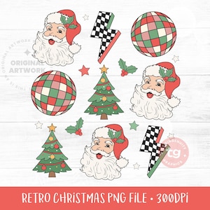 Retro Christmas Sublimation, Santa Claus, Disco Ball, Christmas Tree, Groovy, Hippie, Lightning Bolt, Girly Christmas PNG, Instant Download