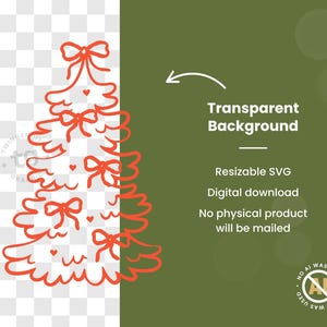 A red, hand drawn Christmas tree on a transparent background with text "Transparent background, resizable SVG, digital download, and no physical product will be mailed." No AI was used.