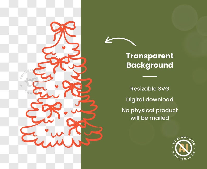 A red, hand drawn Christmas tree on a transparent background with text "Transparent background, resizable SVG, digital download, and no physical product will be mailed." No AI was used.
