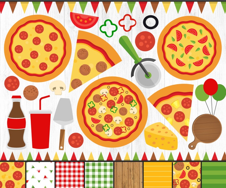 May include: A set of colorful pizza party clipart featuring a pizza cutter, pizza slices, a pizza box, a bottle of soda, a cup, a straw, mushrooms, peppers, and a balloon.