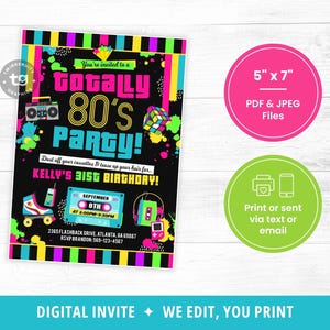 80s Birthday Invitation, 80s Party Invite, 80s Birthday Party, 80s Theme Invite, Neon, Retro 1980s Invitation, 80s Adult Invite, DIGITAL image 3