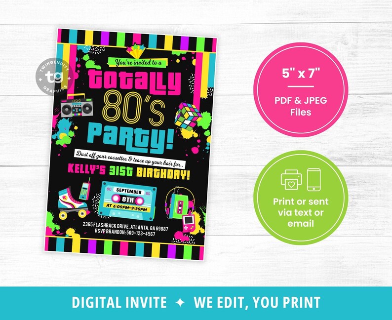 80s Birthday Invitation, 80s Party Invite, 80s Birthday Party, 80s Theme Invite, Neon, Retro 1980s Invitation, 80s Adult Invite, DIGITAL image 3
