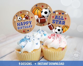 Sports Cupcake Toppers, All Star Sports Birthday Decor, Boys Birthday Supplies, Party Favors, Football, Basketball, Baseball, Soccer DIGITAL