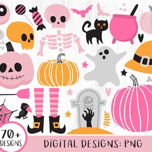 Clipart Halloween mignon, clipart Halloween rose, citrouille rose, clipart Halloween rose, fantômes, têtes de mort, bonbons, pieds de sorcière, fichiers PNG