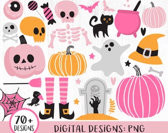 Cute Halloween Clipart, Pink Halloween Clipart with Ghosts & Pumpkins, Girly Halloween Designs, Ghosts, Skulls, Candy, Witch Feet, PNG