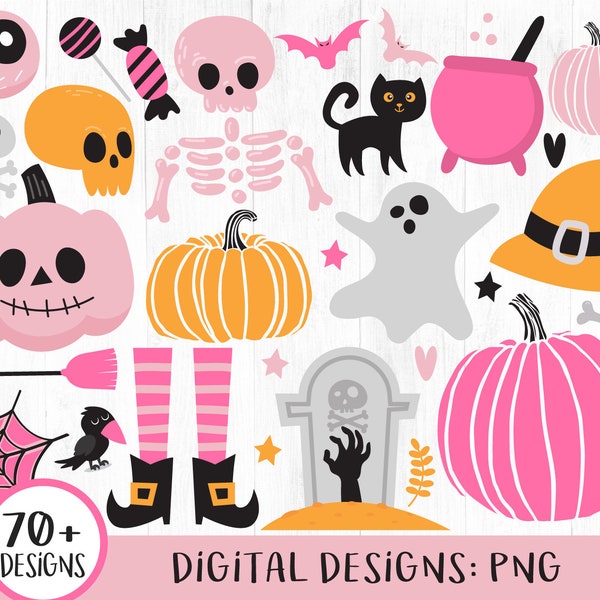 Cute Halloween Clipart, Pink Halloween Clipart with Ghosts & Pumpkins, Girly Halloween Designs, Ghosts, Skulls, Candy, Witch Feet, PNG