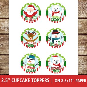 May include: Six 2.5 inch round cupcake toppers featuring a Christmas theme. The toppers feature a red and white striped border with a green and white polka dot background. The toppers feature images of Santa Claus, a snowman, a polar bear, a reindeer, and the text "Ho Ho Ho", "Merry Xmas", "Jingle Bells".