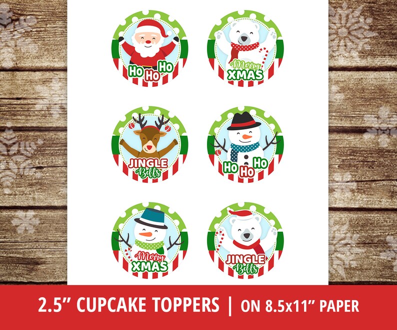 May include: Six 2.5 inch round cupcake toppers featuring a Christmas theme. The toppers feature a red and white striped border with a green and white polka dot background. The toppers feature images of Santa Claus, a snowman, a polar bear, a reindeer, and the text "Ho Ho Ho", "Merry Xmas", "Jingle Bells".