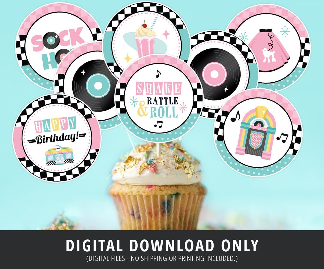 1950s Cupcake Toppers, 50s Retro Cupcake Toppers, 50s Party Decor, 50s ...