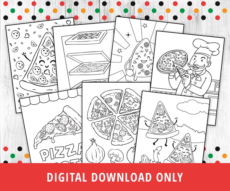 May include: A set of eight black and white coloring pages featuring pizza slices with different toppings and expressions. The pages include a pizza box, a pizza chef, and a pizza slice with a cloud above it. The text "DIGITAL DOWNLOAD ONLY" is at the bottom of the image.