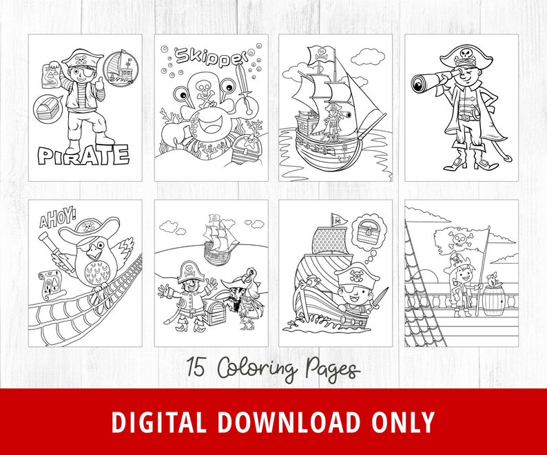 15 páginas para colorear de piratas, actividades de piratas, fiesta pirata, decoración pirata, imprimibles de piratas, hojas para colorear para niños, páginas para colorear, DIGITAL imagen 2