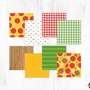 May include: A set of eight digital paper designs featuring various patterns, including pizza, checkered, wood grain, and stripes. The designs are in red, green, yellow, and brown.