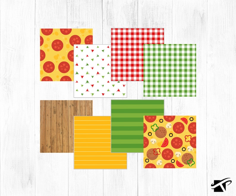 May include: A set of eight digital paper designs featuring various patterns, including pizza, checkered, wood grain, and stripes. The designs are in red, green, yellow, and brown.