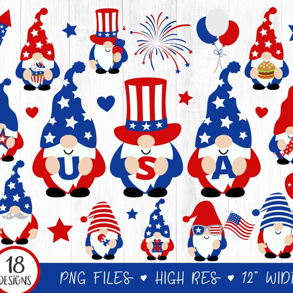 4th of July Gnomes Clipart, 4th of July Clip Art, Patriotic Gnome PNG, Independence Day, Red White Blue Gnome, America Digital, 18 PNG