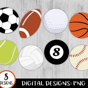 Imágenes prediseñadas de balones deportivos, imágenes prediseñadas de deportes PNG, imágenes prediseñadas de varios balones deportivos, fútbol, fútbol americano, baloncesto, sóftbol, golf, uso comercial, digital