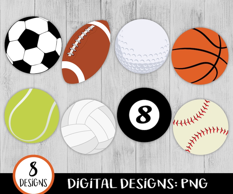 Puede incluir: Ocho im&aacute;genes digitales clipart de colores de diferentes pelotas de deporte, incluyendo una pelota de f&uacute;tbol, una pelota de rugby, una pelota de golf, una pelota de baloncesto, una pelota de tenis, una pelota de voleibol, una bola de billar y una pelota de b&eacute;isbol. Las im&aacute;genes son de forma circular y tienen un fondo blanco.