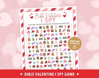 Valentine Bible I Spy Game, Valentine's Day Party Games, Church Games, Youth Group Games for Kids Printable