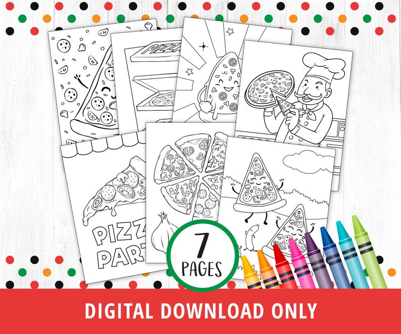 Pu&ograve; includere: Pagine da colorare in bianco e nero con fette di pizza con diverse espressioni. Le pagine includono un pizzaiolo, una scatola per la pizza e un cartello per una festa di pizza. Ci sono 7 pagine in totale. "Pizza Party" &egrave; scritto su una delle pagine.
