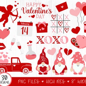 30 Valentines Day Clipart Bundle, Cute Valentine Clip Art, Red Love Truck, Gnome, Cupid, XOXO, Heart, Valentine Print Bundle, Digital, PNG