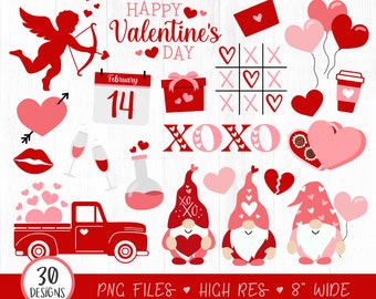 May include: A set of 30 Valentine's Day themed digital clipart images. The images include a red truck, gnomes, hearts, a cupid, a love potion, a XOXO sign, a tic-tac-toe board, a calendar with the date February 14th, and more. The images are in PNG format and are high resolution.