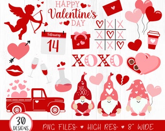 30 Valentines Day Clipart Bundle, Cute Valentine Clip Art, Red Love Truck, Gnome, Cupid, XOXO, Heart, Valentine Print Bundle, Digital, PNG