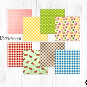 May include: Eight digital paper backgrounds featuring various patterns. The patterns include red and white gingham, yellow and white gingham, green with white polka dots, brown and white plaid, blue and white gingham, and a green and white striped pattern with watermelon slices.