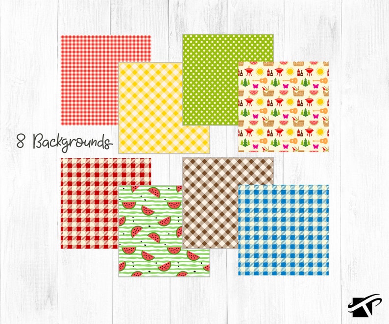 May include: Eight digital paper backgrounds featuring various patterns. The patterns include red and white gingham, yellow and white gingham, green with white polka dots, brown and white plaid, blue and white gingham, and a green and white striped pattern with watermelon slices.
