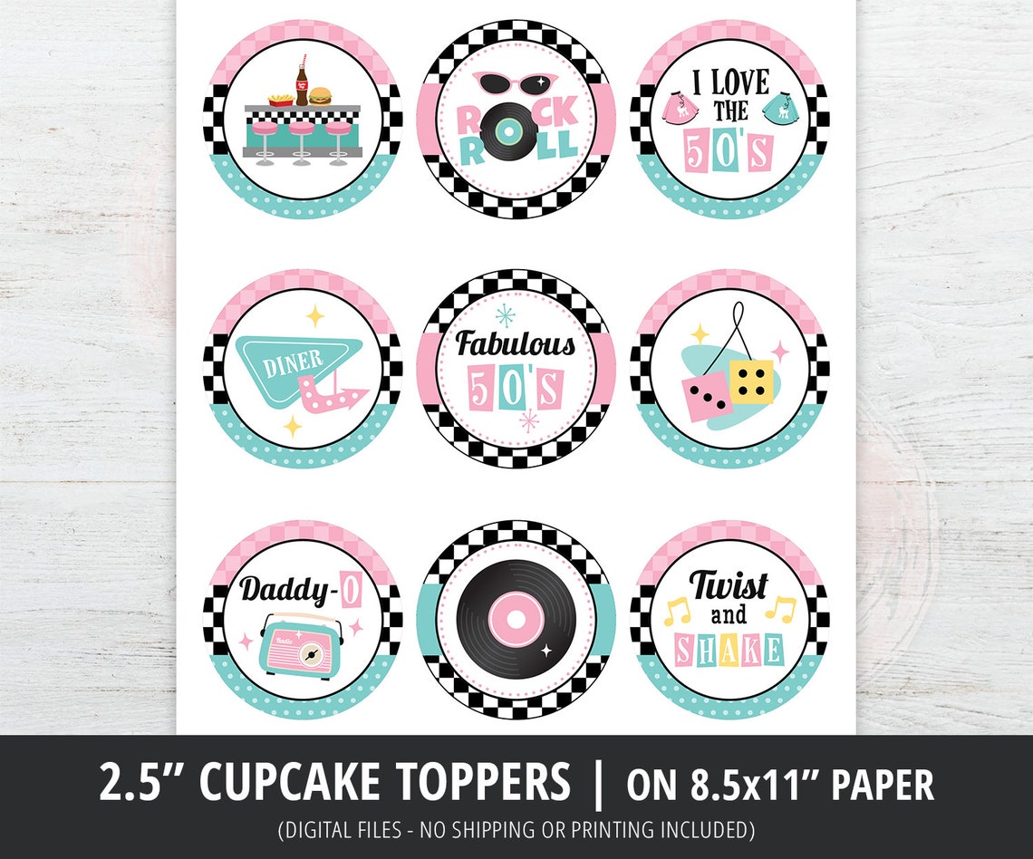 1950s Cupcake Toppers 50s Retro Cupcake Toppers 50s Party Etsy