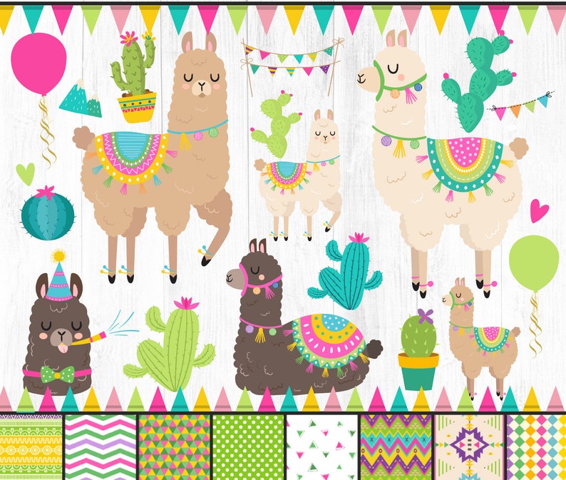 30 Llama Clipart, Llama Clipart Bundle, Llama Cactus Clipart, Llama Birthday Clipart, Fiesta, Colorful, Decorated Llama, Party Llama Art PNG image 1
