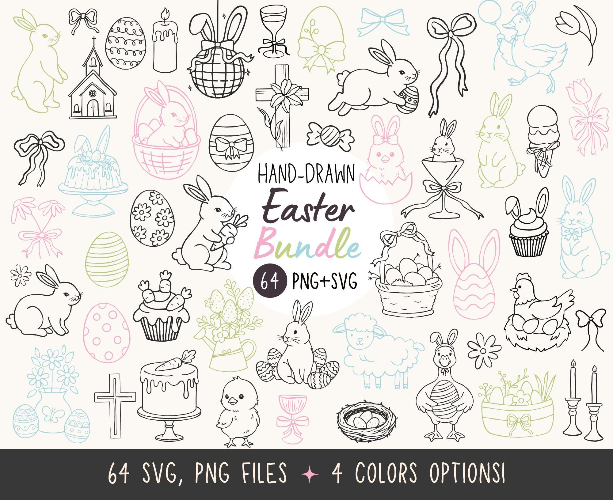 Hand Drawn Easter SVG PNG Clipart Bundle, Spring Easter Doodles ...
