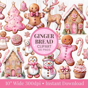 Clipart di pan di zenzero rosa, acquerello di Natale rosa, casa di pan di zenzero, carino, biscotti di Natale, pupazzo di neve, renna, sublimazione di magliette, PNG