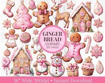 May include: A set of 66 digital clipart images featuring gingerbread house, gingerbread people, Christmas trees, ornaments, and other festive elements in pink and white colors. The text "Gingerbread Clipart 66 PNGs" is displayed on a pink circle.