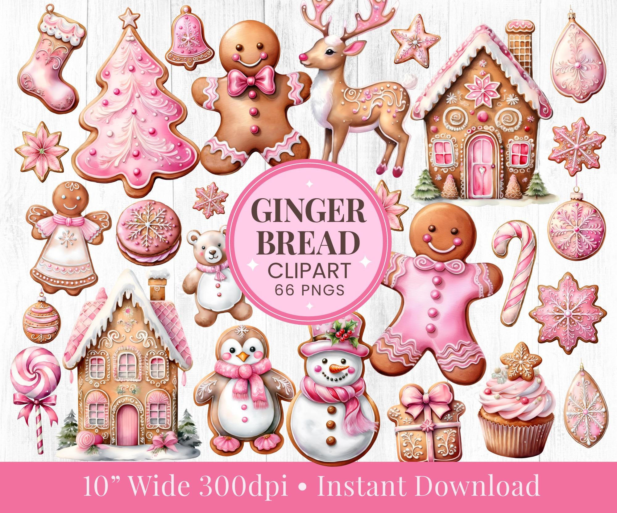 Pink Gingerbread Clipart, Pink Christmas Watercolor, Gingerbread House, Cute, Christmas Cookies, Snowman, Reindeer, T-shirt Sublimation, PNG