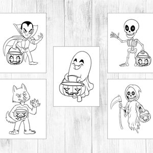 Peut inclure: Cinq illustrations en noir et blanc de personnages d'Halloween tenant des seaux de bonbons. Les personnages incluent un vampire, un squelette, un fant&ocirc;me, un loup-garou et la mort.