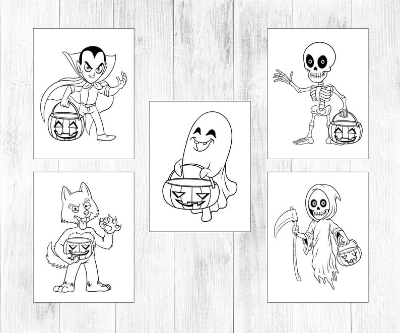 Peut inclure: Cinq illustrations en noir et blanc de personnages d'Halloween tenant des seaux de bonbons. Les personnages incluent un vampire, un squelette, un fant&ocirc;me, un loup-garou et la mort.