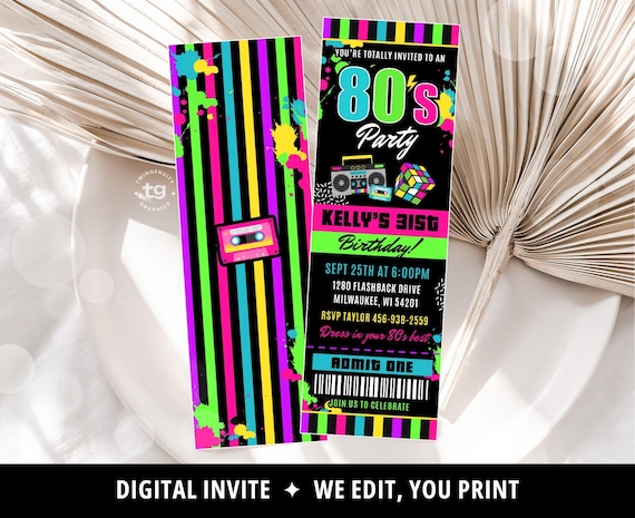 80s Ticket Invitation, 80s Birthday Invitation, 80s Birthday Party Invite, 1980's Birthday Party, 80s Party Ticket Invite, Printable DIGITAL