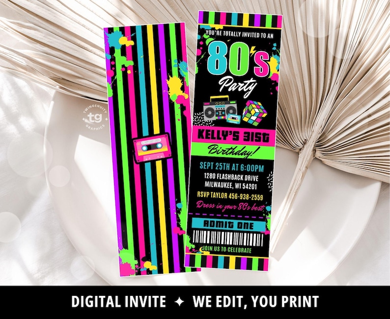 A 1980s ticket style birthday invitation with a black background and neon colors and 80s decade graphics.