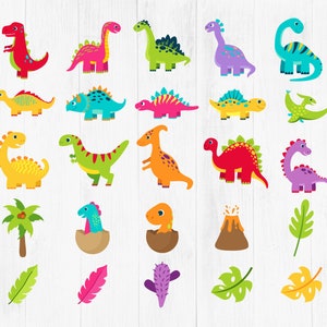 May include: A set of 24 colorful dinosaur illustrations, including a variety of dinosaurs in different poses and colors, as well as some additional elements like palm trees, a volcano, and feathers.