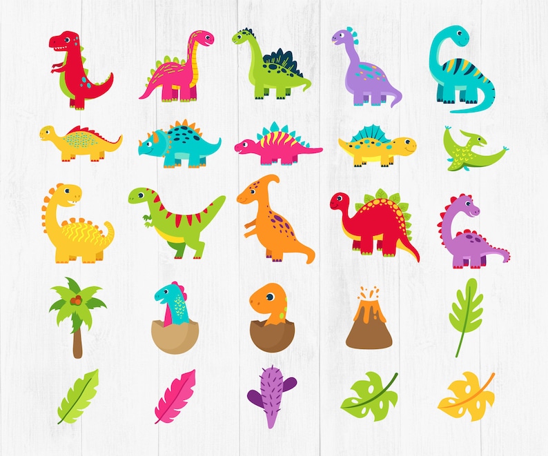 May include: A set of 24 colorful dinosaur illustrations, including a variety of dinosaurs in different poses and colors, as well as some additional elements like palm trees, a volcano, and feathers.