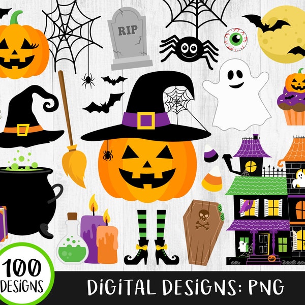 Halloween Clipart Bundle, Cute Halloween Clipart, Pumpkins, Ghosts, Bats, Cauldron, Haunted House, Halloween Candy, Autumn, Fall, PNG