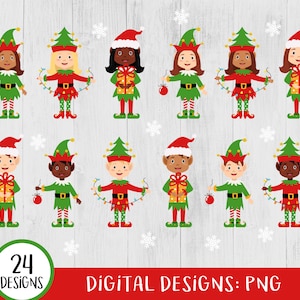 Pacchetto di clipart degli elfi di Natale, Elfi di Natale PNG, Elfi ragazzo ragazza, ClipArt di elfi afro-americani, Elfi bambini carini, File PNG di Natale