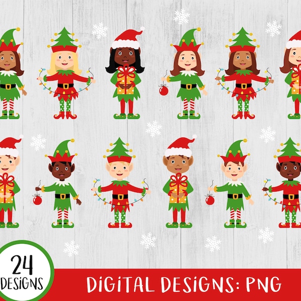 Christmas Elves Clipart Bundle, Christmas Elves PNG, Girl Boy Elves, African American Elves clip art, Cute Kid Elves, Christmas PNG File