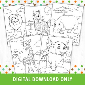 May include: Five black and white coloring pages featuring different animals from the African savanna. The animals include a lion, zebra, hippopotamus, giraffe, and elephant.