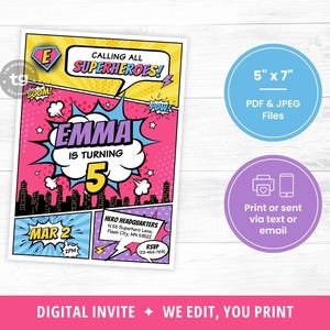 Girl Superhero Invitation, Girl Superhero Comic Birthday Invite, Girl Superhero Birthday Invitation, Superhero Party, Comic Girl, DIGITAL image 3